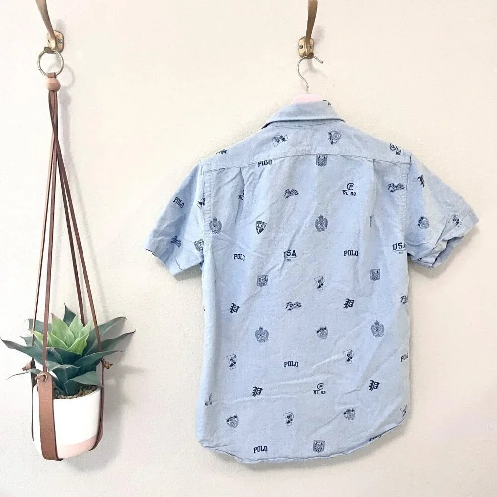 POLO Ralph Lauren Blue Tossed Icons Varsity Logo Short Sleeve Shirt Size S